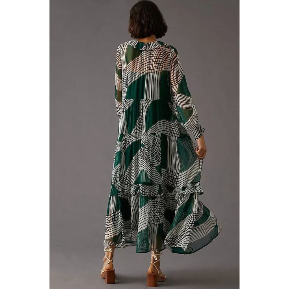 Anthropologie XS Marais Geometric Printed Sheer Chiffon Maxi Dress Boho Green - Picture 13 of 13